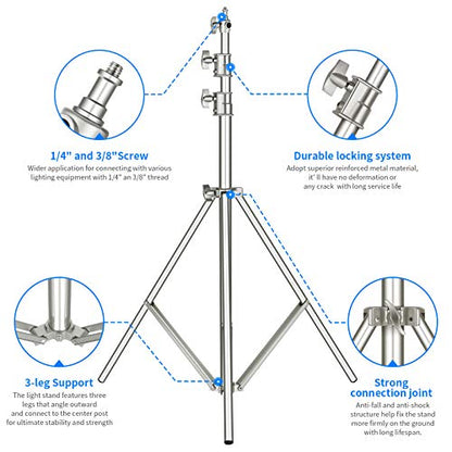 NEEWER 118"/3m Stainless Steel Light Stand, Spring Cushioned Heavy Duty Photography Tripod with 1/4" to 3/8" Universal Screw Adapter for Strobe, LED Video Light, Ringlight, Monolight, Softbox - style: ST-300SS
