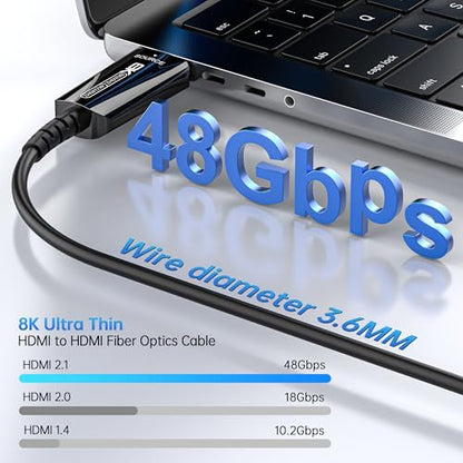 Fiber Optic HDMI Cable 50 FT, 8K Thin HDMI 2.1 Cable, HDMI Cord 48Gbps Ultra High Speed, 8K@60Hz 4K@240Hz, Dynamic HDR, eARC, HDCP 2.2&2.3, 3D, Compatible for PS4/5/Xbox/TV//Monitor/Projector - size: 50 feet