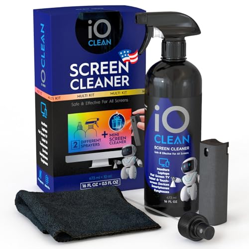 Screen Cleaner Spray (16oz + mini Cleaner) – Best Large Cleaning Kit for LCD LED OLED TV, Smartphone, iPad, Laptop, Touchscreen, Computer Monitor, Electronic Devices, Microfiber Cloth and 2 Nozzles - size: 16 Fl Oz + 0.3 Fl Oz
