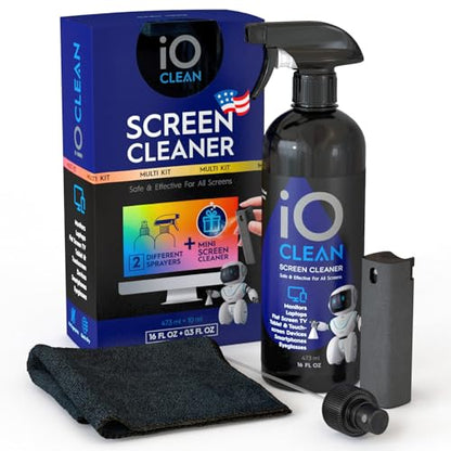 Screen Cleaner Spray (16oz + mini Cleaner) – Best Large Cleaning Kit for LCD LED OLED TV, Smartphone, iPad, Laptop, Touchscreen, Computer Monitor, Electronic Devices, Microfiber Cloth and 2 Nozzles - size: 16 Fl Oz + 0.3 Fl Oz