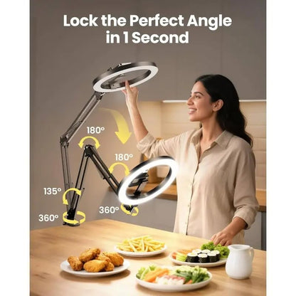 Overhead Phone Mount with Ring Light, 6.5in LED Selfie Ring Light for Desk，,Adjustable Phone Mount，for Video Recording,Live Stream,Cooking Video