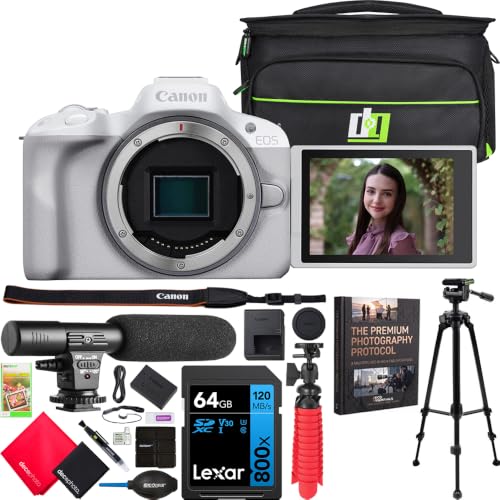Canon EOS R50 Mirrorless APS-C Interchangeable Lens Camera | Official Canon USA Partner Model | Body White 5812C002 Bundle with Deco Gear Photography Bag + Microphone + Tripod + Photography Guidebook - color: Snow