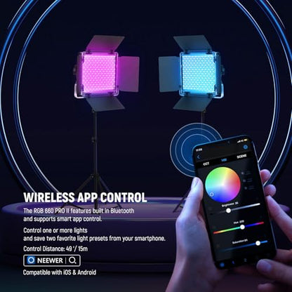 NEEWER Upgraded RGB LED Studio Video Light with Tripod Stand, App Control 50W 7000Lx CRI97+ 3200-5600K Dimmable Panel Key Lighting Kit for Game Streaming YouTube Recording Photography, RGB660 PRO II