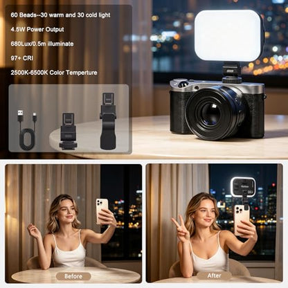 Selfie Light, 60 LED Rechargeable Video Lighting, Portable Video Conference Light w Clip & Camera Hot Shoe Mount Adapter, 2200mAh Battery CRI97+, Clip-On Fill Lights for Phone Webcam Laptop Camera