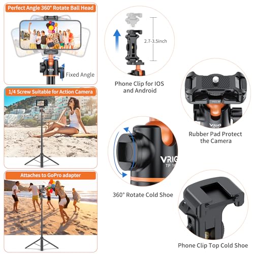 VRIG TP16 Camera Tripod, 55" Extendable Phone Selfie Stick Camera Tripod Stand with 2 in 1 Phone Clip, 5 Levels Adjustment 360° Ball Head Loads Up for DJI OSMO Pocket 4/3 Insta360 X5 iPhone Sony Canon - color: A0085