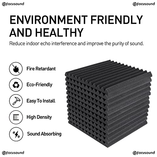 Focusound 50 Pack Acoustic Foam Panels 1" x 12" x 12" Sound Proof Foam Panles Soundproofing Noise Cancelling Wedge Panels for Home Office Recoding Studio with 300PCS Double-Side Adhesive - size: 50 Pack