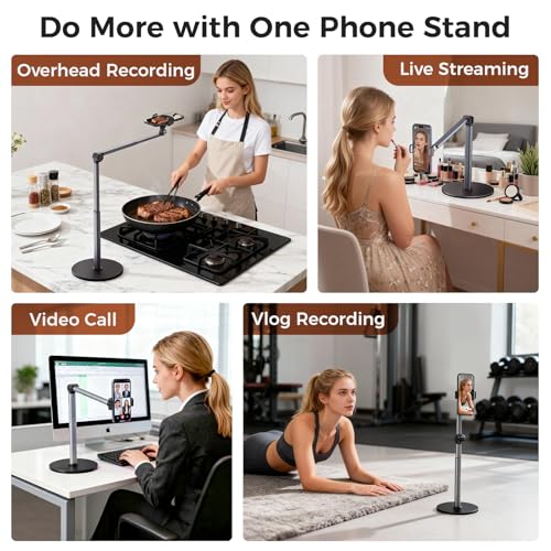 MoKo Overhead Tripod for iPhone, Heavy Duty Aluminum Overhead Phone Mount, Angle & Height Adjustable, Telescopic Arm, Overhead Phone Stand for Recording, Live Streaming, Cooking, Filming (Clip)