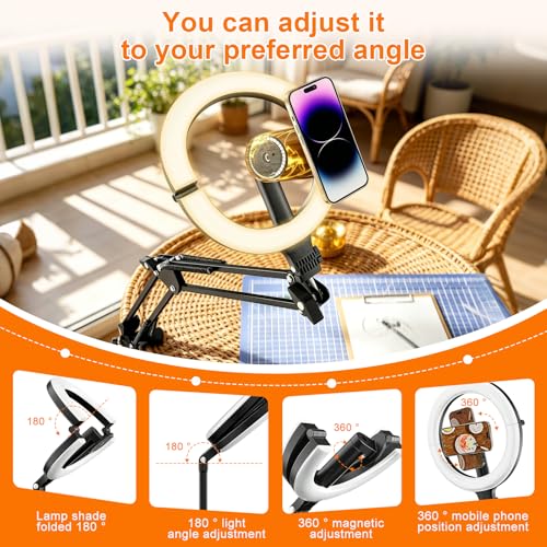 Magnetic Overhead Ring Light for Desk, 10” Selfie Light for iPhone | Built-in 5000mAh Battery, Power Display 360°, Rotation 180°Adjustable, for Selfies, Live Streaming, TikTok & Cooking Videos