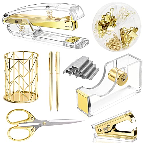 Famassi Gold Desk Accessories，Office Supplies Set Acrylic Stapler Set Staple Remover, Tape/Pen Holder, 2 Ballpoint Pen, Scissor, Binder/Paper Clips and 1000pcs Staples. - color: Gold