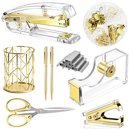Famassi Gold Desk Accessories，Office Supplies Set Acrylic Stapler Set Staple Remover, Tape/Pen Holder, 2 Ballpoint Pen, Scissor, Binder/Paper Clips and 1000pcs Staples. - color: Gold
