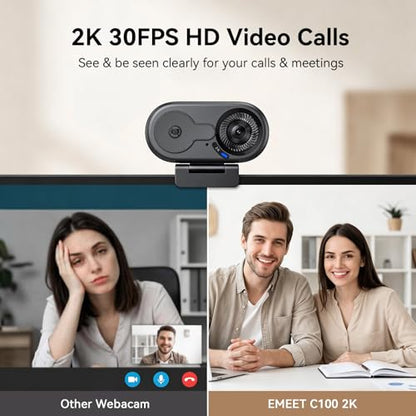 EMEET C100 2K Webcam for PC, Built-in Mic, Rotating Privacy Cover, Portable Metal Clip, Computer Camera for Home Office, Meetings, Learning, Streaming, External Webcam for Desktop, Laptop, PC USB-A - style: Crisp 2K w/ Portable Metal Clip
