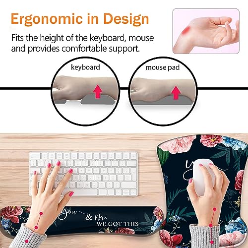 Keyboard Wrist Support + Wrist Mousepad + Coaster Combination, Non-Slip PU Base, with Gel Memory Mousepad, Suitable for Gaming, Office Pain Relief Mousepad Set - Bible Flower - color: Bible Flower
