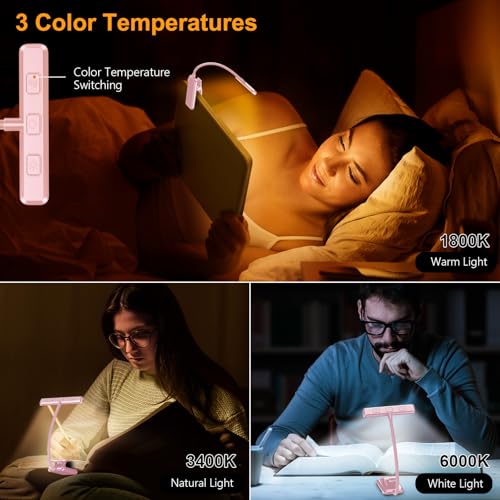Gritin 19 LED Rechargeable Book Light for Reading in Bed | Eye Caring 3 Color Temps,Stepless Dimming Brightness,Memory Function,90 Hrs Runtime Lightweight Clip on Light-Pink - color: Pink