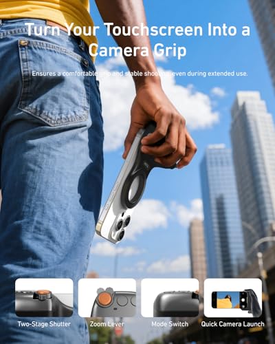 TELESIN Fun Shot Magnetic Phone Camera DSLR Style Shutter Grip for Magsafe iPhone & Android with Detachable Wireless Shutter Button for iOS26/17/18 -Comfort Ergonomic Phone Grip Handle Holder(B) - color: Black