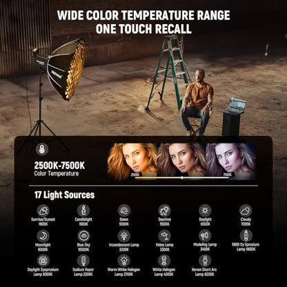 NEEWER 130W RGB LED Video Light APP/2.4G Control 17 Effects, 2500-7500K 19800lux/1m COB Continuous Lighting Output with CRI97/TLCI98 4 Dimming Curves, Bowens Mount Spotlight for Studio Shoots, FS150C