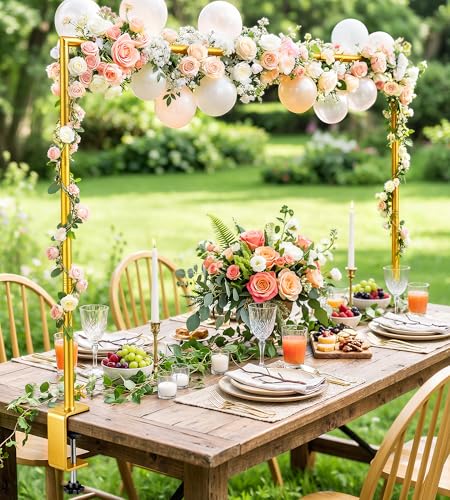 MEILIDY Over The Table Rod Stand with Clamps for Balloon Backdrop, Gold | Adjustable 33.5-106 Inch Length 36.6-48 Inch Height, Fits for Party Wedding Birthday Anniversary - color: Gold