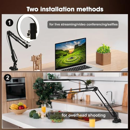 Overhead Camera Mount with 10" Selfie Ring Light,Adjustable Phone Arm Stand, Desk Tripod Holder Content Creator Lighting Kit with Remote for iPhone Filming,Video Recording,Tiktok,YouTube