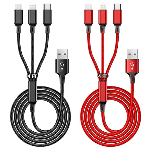 Multi Charging Cable, 4ft 2Pack Multi Phone Charger Cable Braided Universal 3 in 1 Charging Cord Extra Long Multiple USB Cable with USB C, Micro USB Port Connectors for Cell Phones and More（Red+Black) - color: 4FT/1.2M Red+Black