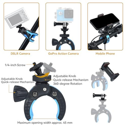 UTEBIT Camera Clamp Mount, Large Clamp Opening Aluminum Alloy Clip Mount, 360° Rotation Shockproof & Anti-Slip Action Camera Clamp with 3/8" to 1/4" Reducer Nut for DSLRs Smartphones Black/Blue - color: Black + Blue