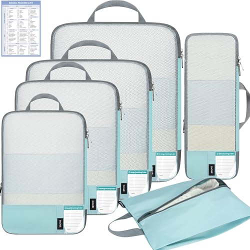 BAGAIL 6 Set Lightweight Compression Packing Cubes with Packing List, Anti-Tearing Expandable Organizer Bags for Travel, Dusty Blue - color: Dusty Blue