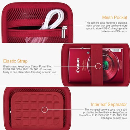RAIALL Carrying Case for Canon PowerShot ELPH 360 HS A/IXY 650/ Canon IXUS 285 HS/Sony DSCW830/ CAMKORY/VAHOIALD Digital Camera, Vlogging Camera Travel Bag, Mesh Pocket for Batteries, Red - color: Red