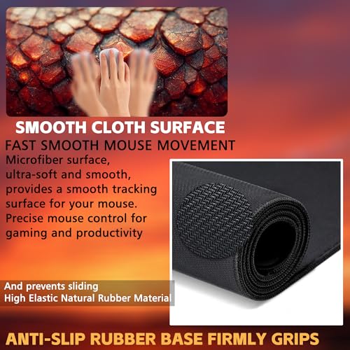 Desk Mat, Red Fire Dragon Scales Desk Pad, Cool Dragon Large Gaming Mouse Pad for Desk, 31.5"x15.7" Extended Big Computer Keyboard Mouse Pad with Non-Slip Base and Stitched Edge - color: Red Fire Dragon Scales