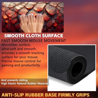 Desk Mat, Red Fire Dragon Scales Desk Pad, Cool Dragon Large Gaming Mouse Pad for Desk, 31.5"x15.7" Extended Big Computer Keyboard Mouse Pad with Non-Slip Base and Stitched Edge - color: Red Fire Dragon Scales
