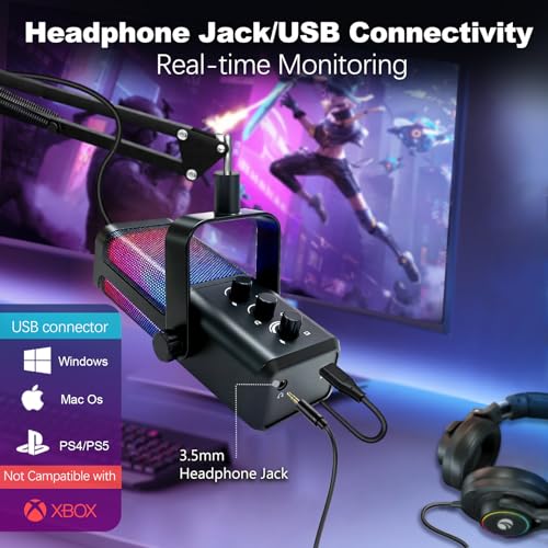 VCOM USB Microphone for PC,Condenser Dynamic Boom Arm Mic for Podcasting,Streaming, with Monitoring Headphone 3.5mm Jack,Quick Mute,RGB Indicator,Shock Mount,Rotate gain Button,Black