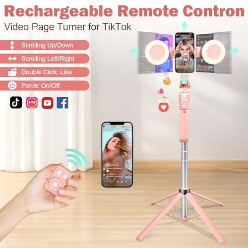 70.9" Auto Face Tracking Selfie Stick Tripod for iPhone with Light, 360° Rotation & Gesture Control, Cell Phone Tripod with Remote for TikTok/Vlog/Live Stream, Compatible with iPhone/Android - color: Pink with 4 Accessories