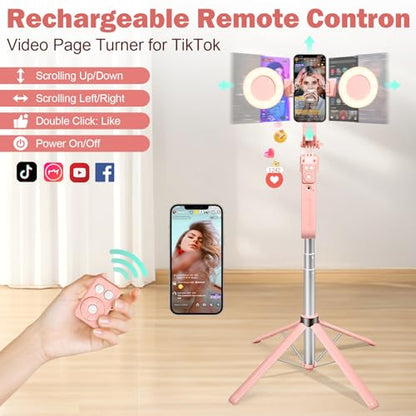 70.9" Auto Face Tracking Selfie Stick Tripod for iPhone with Light, 360° Rotation & Gesture Control, Cell Phone Tripod with Remote for TikTok/Vlog/Live Stream, Compatible with iPhone/Android - color: Pink with 4 Accessories