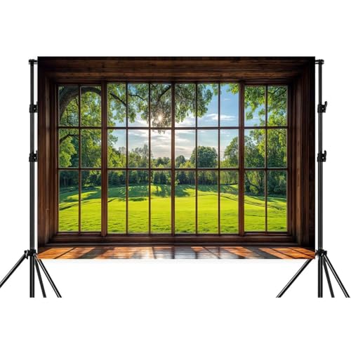 7x5ft Green Forest Natural Window Backdrop Business Office Video Conference Background Screen for Video Conferencing Photography Studio Background Props Holiday Party Birthday Party - size: 7x5FT