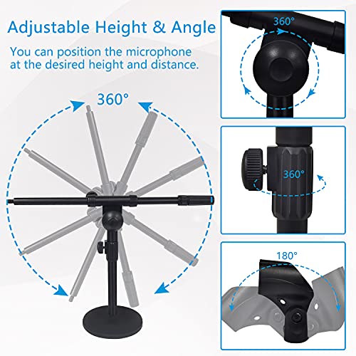 Adjustable Desktop Mic Stand, Desk Stand Tabletop Table Top Microphone Stand with Mic Clip for Handheld Microphone, Boom Arm, 5/8" Male to 3/8" Female Screw Adapter