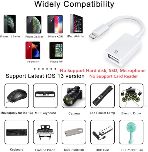 Apple MFi Certified Lightning to USB Camera Adapter for iPhone iPad Female USB 3.0 OTG Cable Adapter Support Connect Camera, Flash Drive, Card Reader, MIDI Keyboard, Mouse - size: USB to Lightning