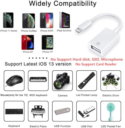 Apple MFi Certified Lightning to USB Camera Adapter for iPhone iPad Female USB 3.0 OTG Cable Adapter Support Connect Camera, Flash Drive, Card Reader, MIDI Keyboard, Mouse - size: USB to Lightning