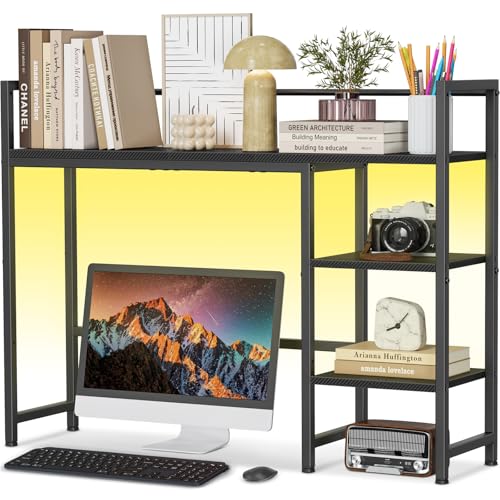 Snughome Desk Shelf with LED Strip, 38.6" Desktop Organizer Shelf, Desk Hutch for Computer Monitor, 4 Tier Desk Display Rack, Wood Desktop Bookshelf Storage Rack for Home Office Dorm - color: Black With Led Strip, size: 38.6"