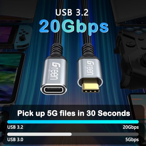 Green Jiss® USB C Extension Cable 3.3ft, 20Gbps/4K@60Hz Video, Heavy Duty USB3.2 Gen2 Extender Male to Female Full Function Ultra-High Speed Transfer USB Type C Extender 240W Fast Charging Cable - size: 3.3 FT