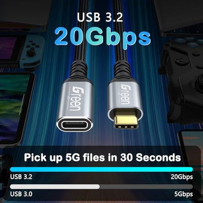 Green Jiss® USB C Extension Cable 3.3ft, 20Gbps/4K@60Hz Video, Heavy Duty USB3.2 Gen2 Extender Male to Female Full Function Ultra-High Speed Transfer USB Type C Extender 240W Fast Charging Cable - size: 3.3 FT