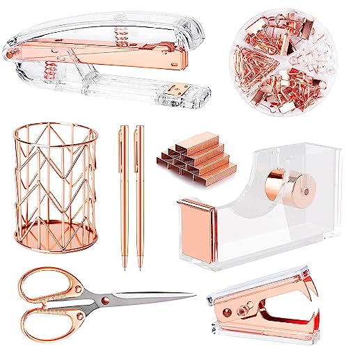 Famassi Rose Gold Desk Accessories，Office Supplies Set Acrylic Stapler Set Staple Remover, Tape Holder, 2 Ballpoint Pen, Scissor, Binder/Paper Clips and 1000pcs Staples. - color: Rose Gold