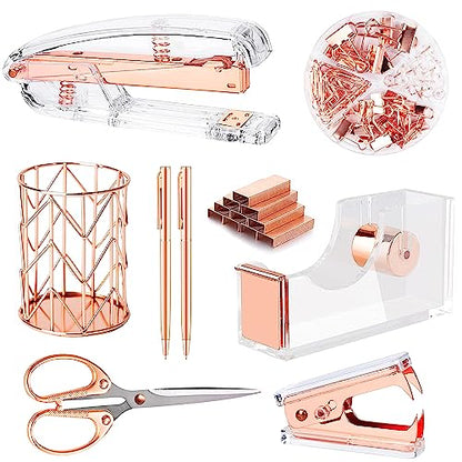 Famassi Rose Gold Desk Accessories，Office Supplies Set Acrylic Stapler Set Staple Remover, Tape Holder, 2 Ballpoint Pen, Scissor, Binder/Paper Clips and 1000pcs Staples. - color: Rose Gold