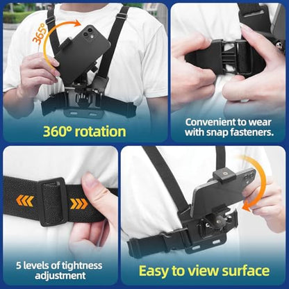 Mobile Phone Chest Mount Harness Strap Cell Phone Holder Mount for Video Recording Bike/Kayak/Fishing/Skateboard POV/VLOG for iPhone/Samsung for GoPro Hero 11 10 9 8/Insta360/DJI Action Camera, Black