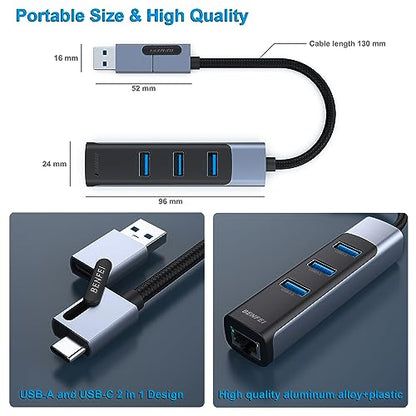 BENFEI 4in1 USB-C/USB 3.0 to Ethernet Adapter with 3*USB 3.0 Ports Compatible for iPhone 15 Series, MacBook Pro/Air 2023/2022/2021/2020/2019 and More - style: USB upright