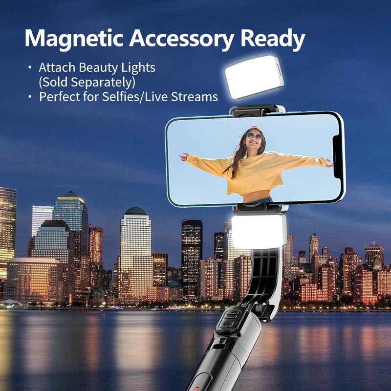 Phone Gimbal Stabilizer for Phone, Selfie Stick & Tripod with Remote Control | One-Touch Horizontal/Vertical Switch & 360 Rotation | Portable Design