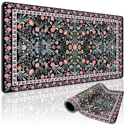 Black Floral Desk Mat, 31.5"x15.7" Large Mouse Pad, Anti-Slip Rubber Base Mousepad, Keyboard Pad with Stitched Edges, Water-Resistant Smooth Desk Blotter, Computer Mat for Home Office Desk - color: Black Floral