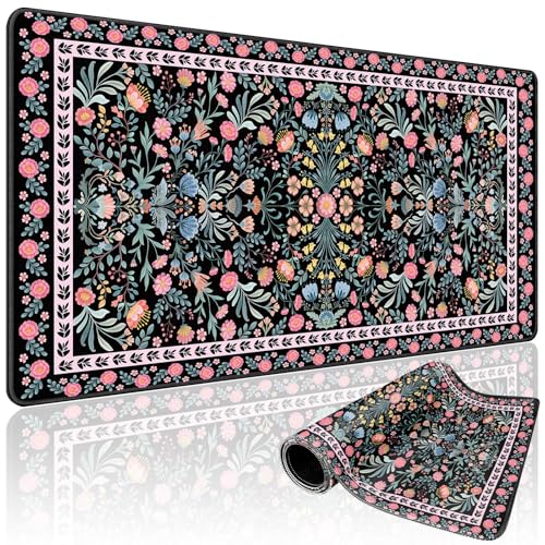 Black Floral Desk Mat, 31.5"x15.7" Large Mouse Pad, Anti-Slip Rubber Base Mousepad, Keyboard Pad with Stitched Edges, Water-Resistant Smooth Desk Blotter, Computer Mat for Home Office Desk - color: Black Floral