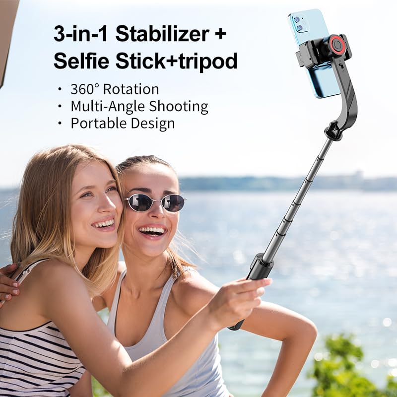 Phone Gimbal Stabilizer for Phone, Selfie Stick & Tripod with Remote Control | One-Touch Horizontal/Vertical Switch & 360 Rotation | Portable Design