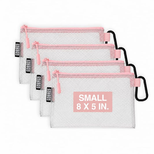 GOBAGS Air Production Small Clear Zipper Pouch (4-Pack) – Cable Organizer & Travel Gear Bag for Electronics, Camera Accessories, Tool Pouch & Small Tech Storage (Pink) - color: Pink, size: Small