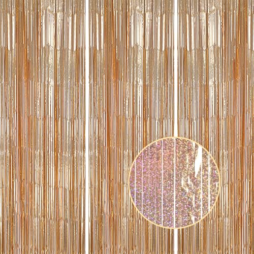 DECOCKRAT 3 Pack Foil Fringe Backdrop - Laser Champagne Shiny Tinsel Curtains for Party Decoration/Photo Booth Props - 3.3x8.2 FT Metallic Foil Backdrop for Birthday, Wedding, Graduation, Christmas. - color: Laser Champagne