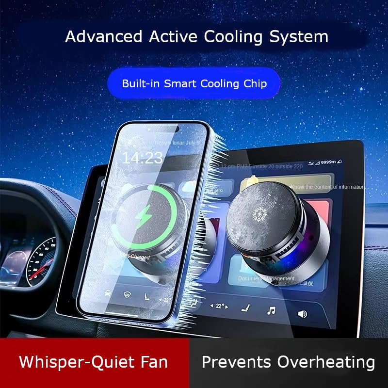 Magnetic Car Phone Holder with Cooling Fan and Wireless Charging, 360° Rotating Dashboard Windshield Vacuum Suction Cup Mount, Universal Phone Stand for iPhone 17/16/15/14/13, Samsung Galaxy S26/S25