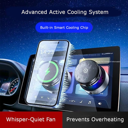 Magnetic Car Phone Holder with Cooling Fan and Wireless Charging, 360° Rotating Dashboard Windshield Vacuum Suction Cup Mount, Universal Phone Stand for iPhone 17/16/15/14/13, Samsung Galaxy S26/S25