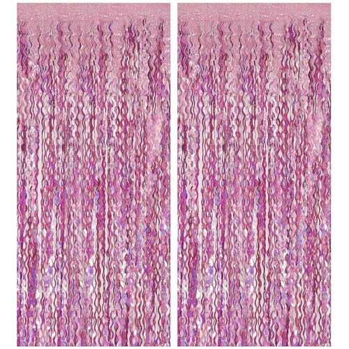 Pink Backdrop Party Decorations Pink Streamers Tinsel Foil Fringe Curtains Wavy Sparkle Metallic Pink Curtain Photo Booth Props for Birthday Wedding Valentines Day Bachelorette Decorations - color: Pink, size: 2 Pack
